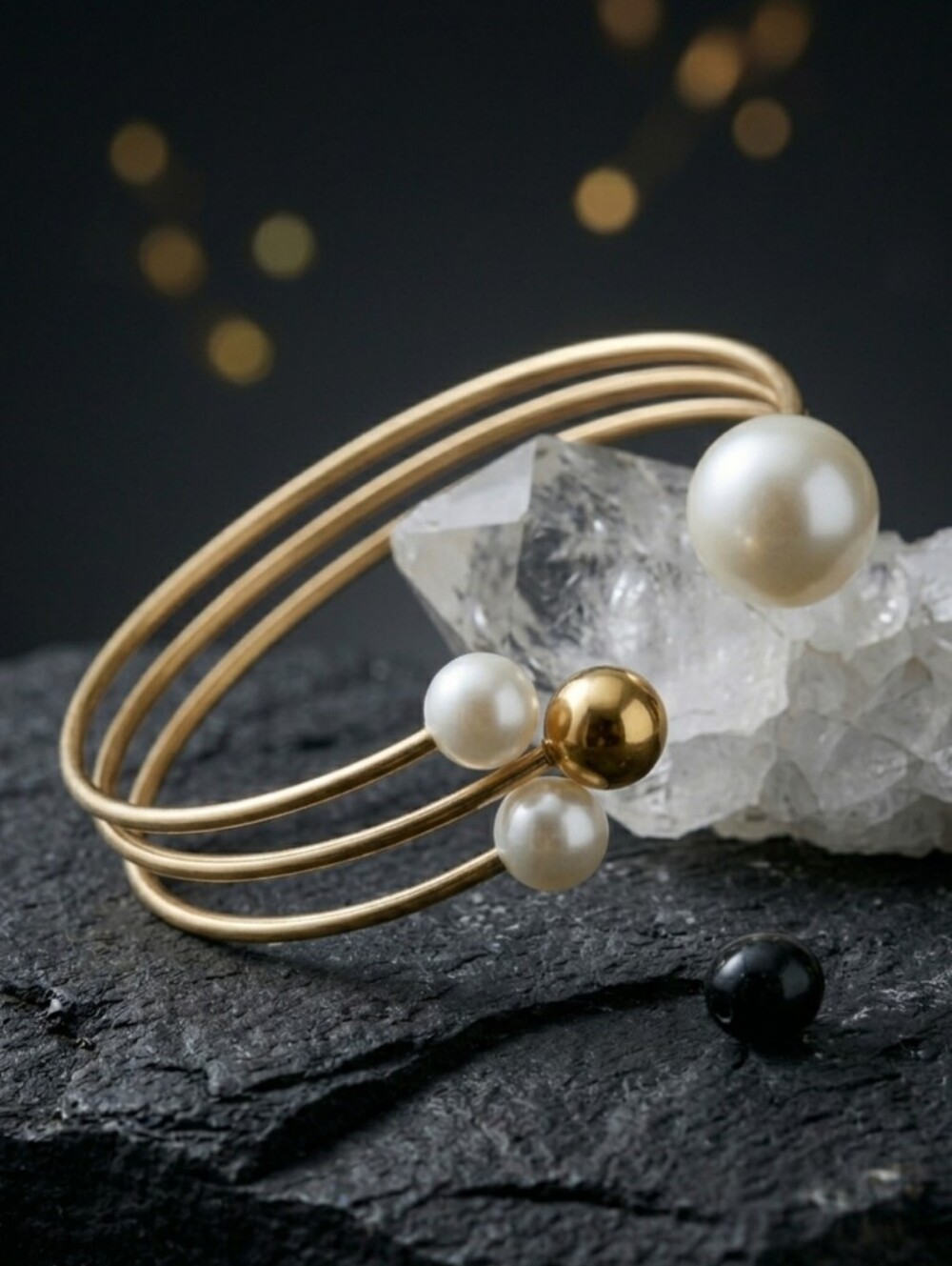 Faux Pearl Open Cuff Bracelet 14K Gold Plated Stainless Steel Stud Earrings Set - Picture 15 of 15